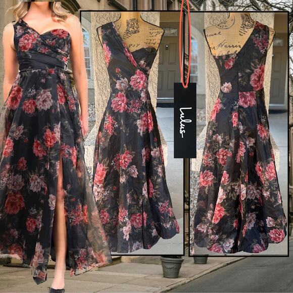 Lulus Black Floral Organza One-Shoulder Truly Extraordinary Maxi Dress Size M - Picture 1 of 13